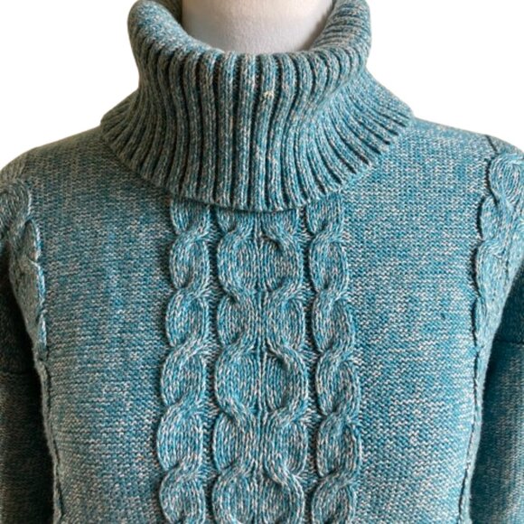 L.L. Bean Women's Sweater Cotton Cable Knit LS Turtleneck Marled Teal, sz Small - Picture 5 of 11